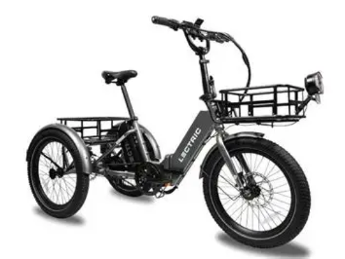 The Lectric XP Trike is a powerful 3-wheel electric tricycle with a 350–500W rear hub motor, 14Ah long-range battery, 65-mile range, cargo basket